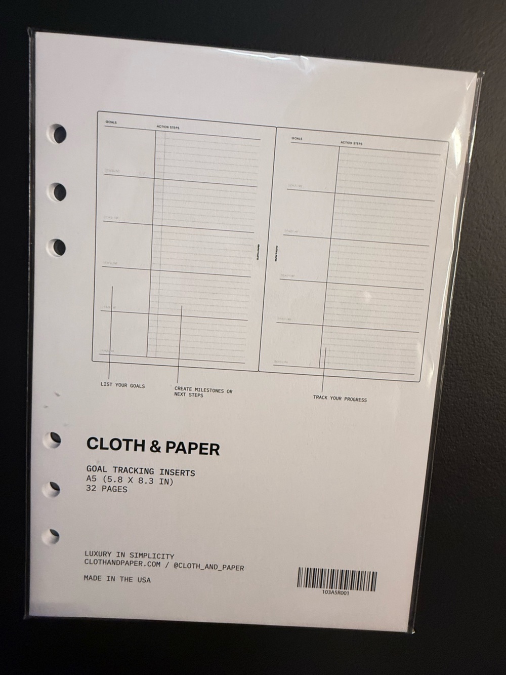 Cloth & Paper Goal Tracking Inserts - Home Office Planner Refill A5